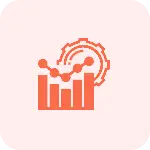 Orange data analytics icon with bar chart and gear symbol.
