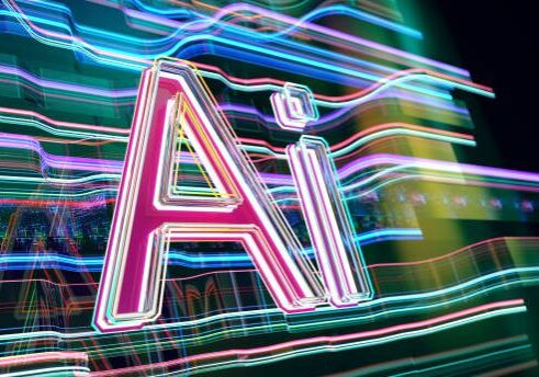 Neon AI text with colorful light trails.